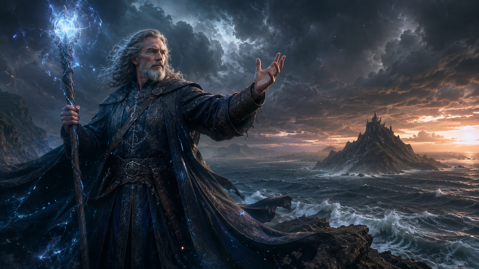 Prospero standing powerfully on the island with magical staff in Shakespeare's The Tempest