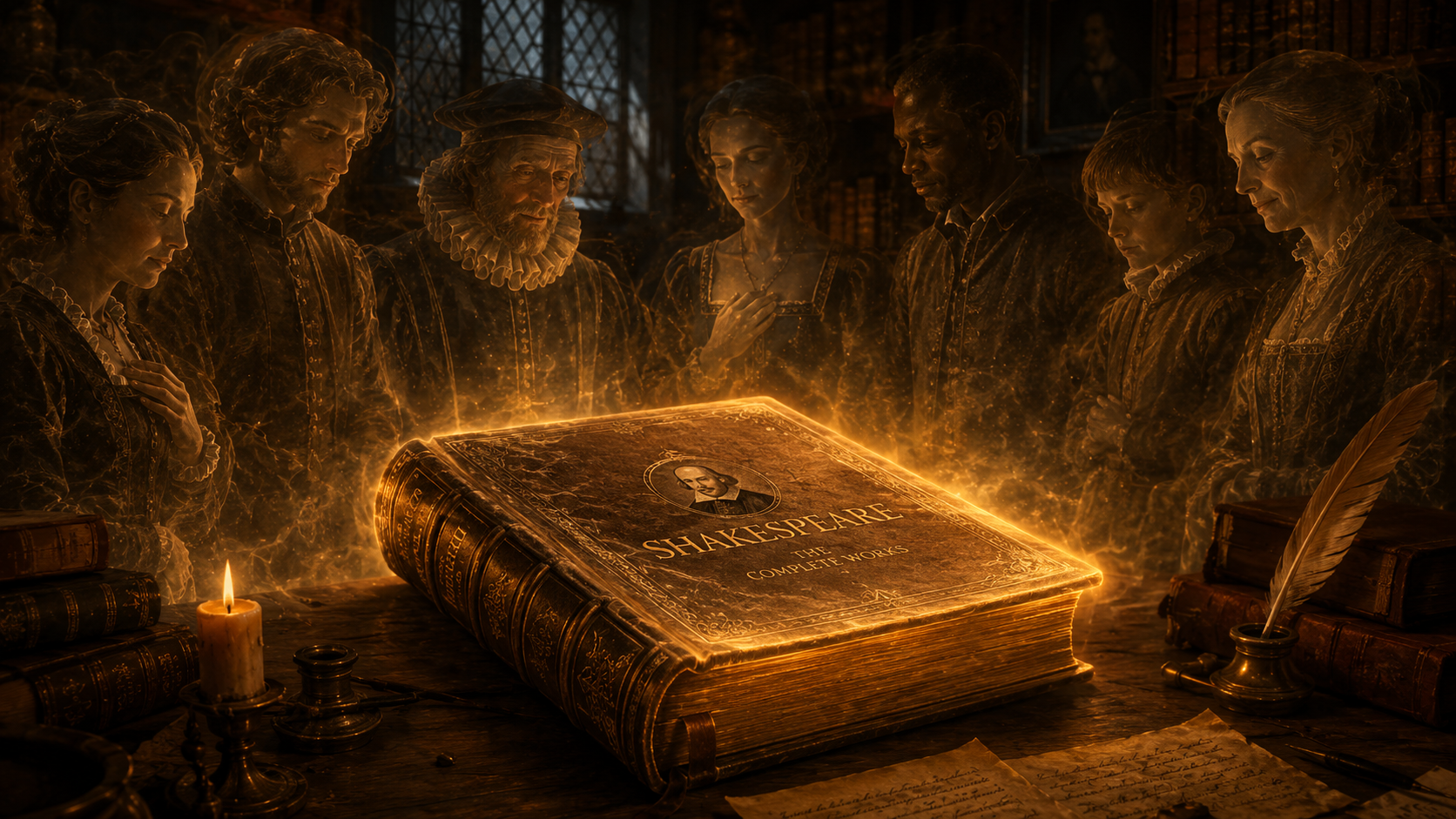 Shakespeare book glowing with ethereal light symbolizing emotional and intellectual nourishment