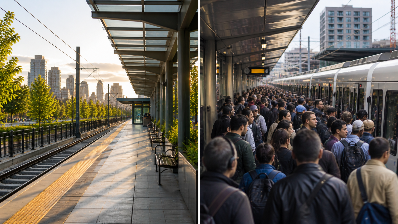 comparison of crowded and calm othello park station platform