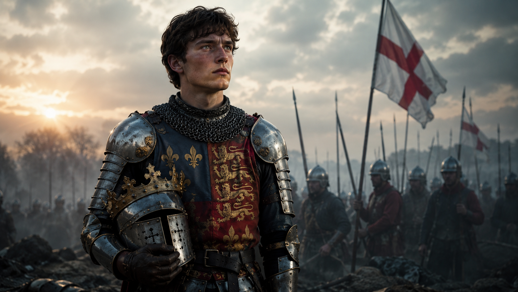 King Henry V in armor on the battlefield of Agincourt