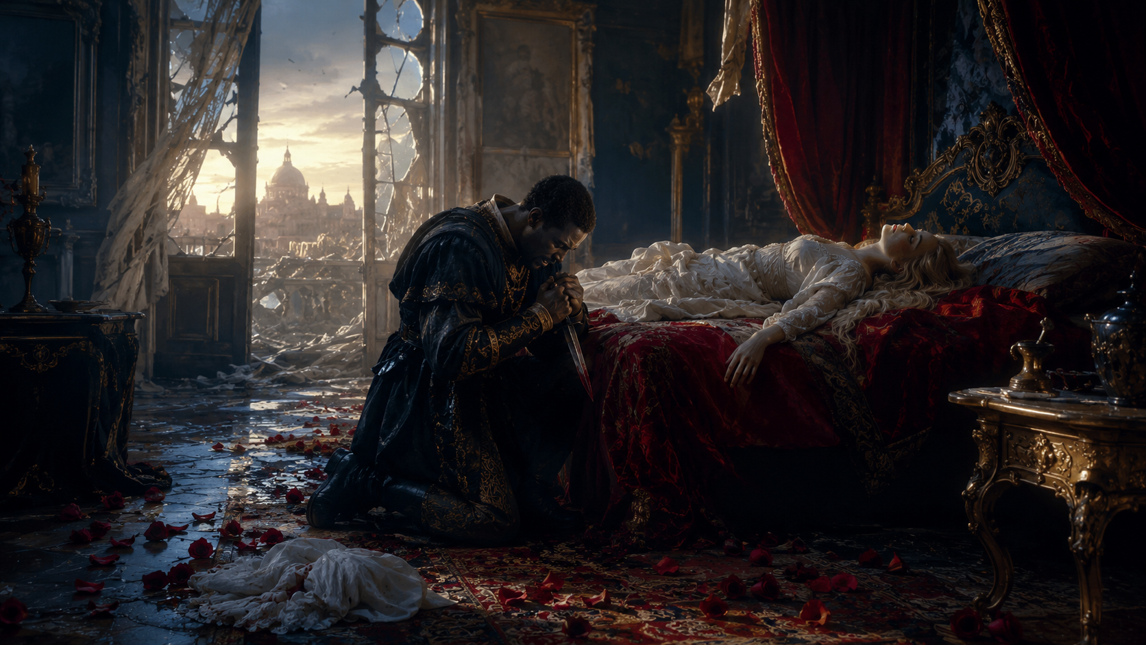 Tragic ending scene with Othello and Desdemona after the storm of jealousy