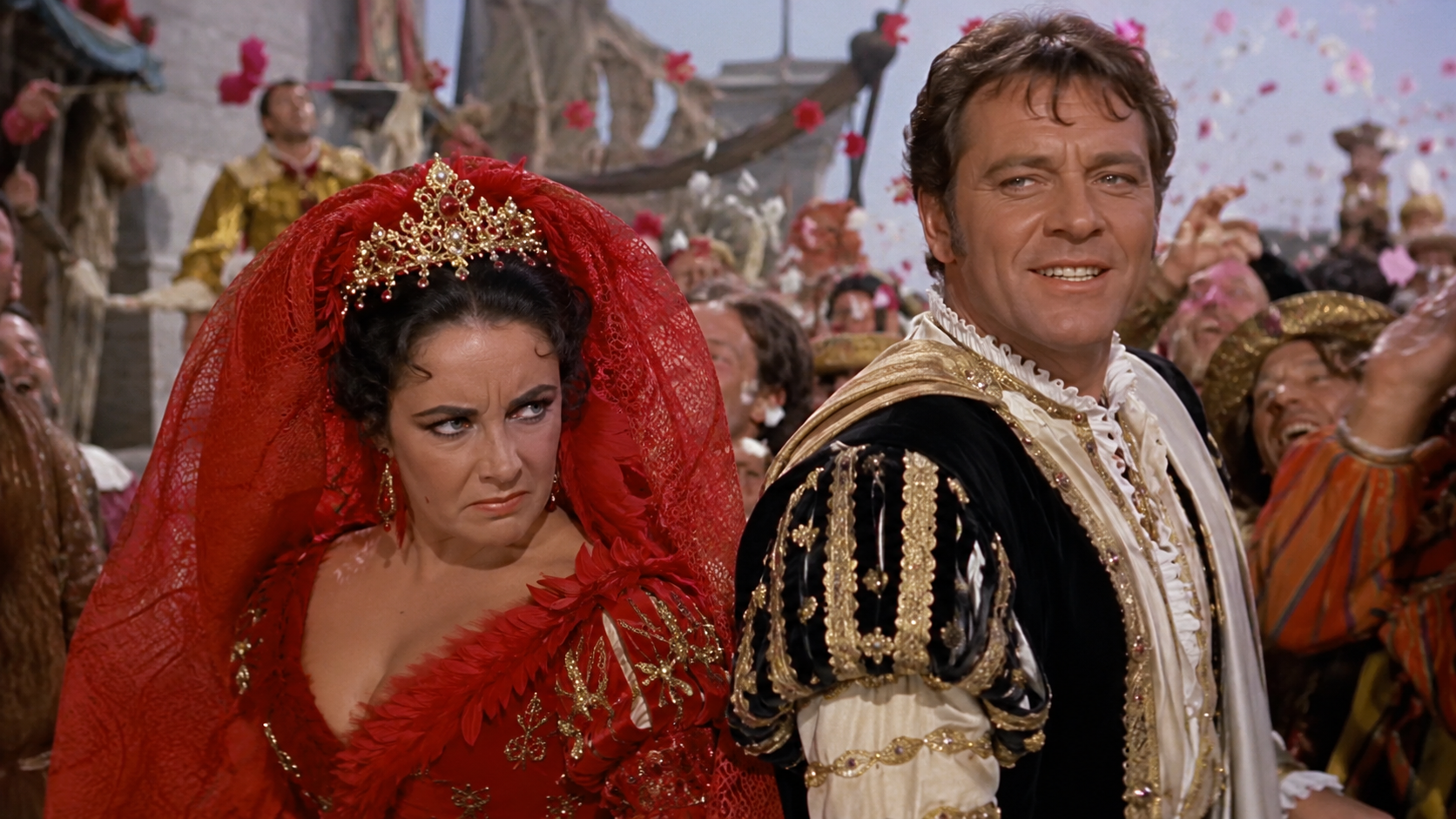 Iconic chaotic wedding scene from the 1967 Taming of the Shrew with Elizabeth Taylor and Richard Burton