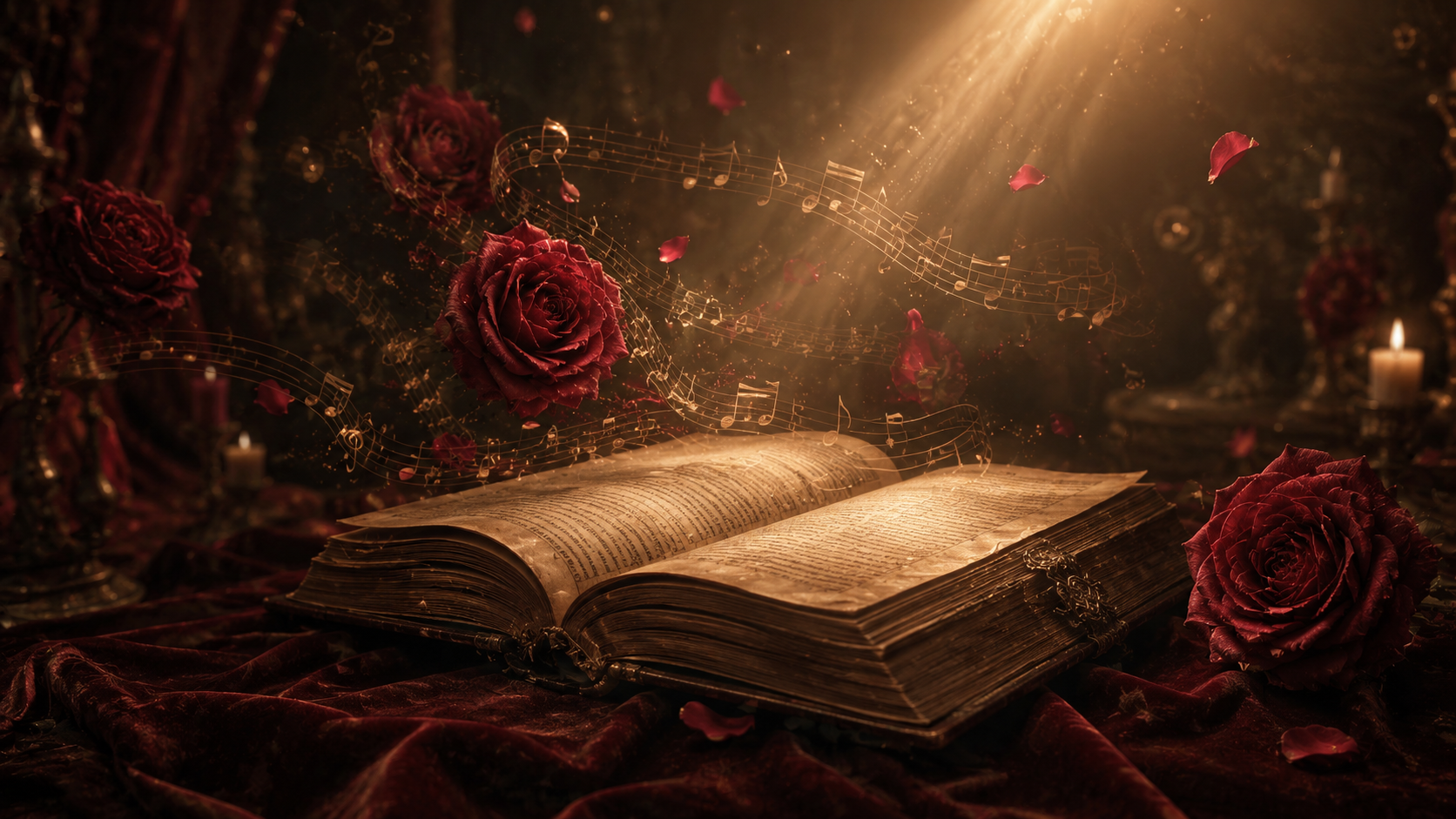 Romantic Shakespeare scene with antique book and roses representing love quotes from Twelfth Night