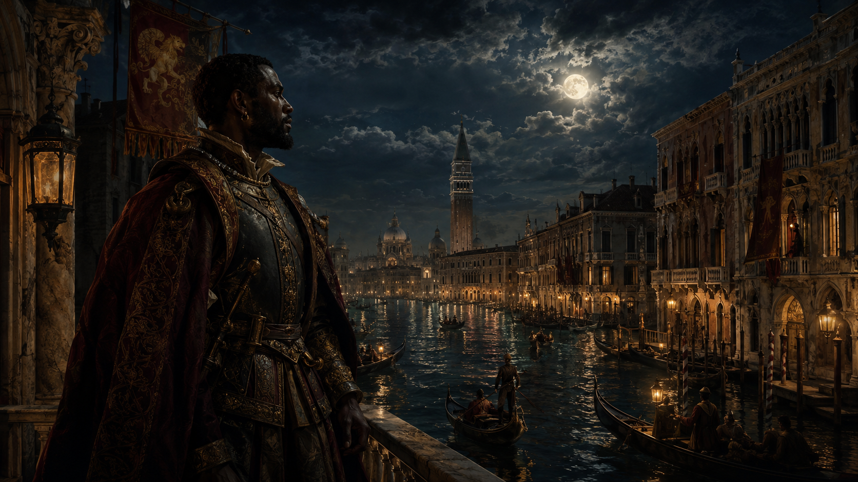 Venice in Shakespearean era with Othello as a Moorish general in historical setting