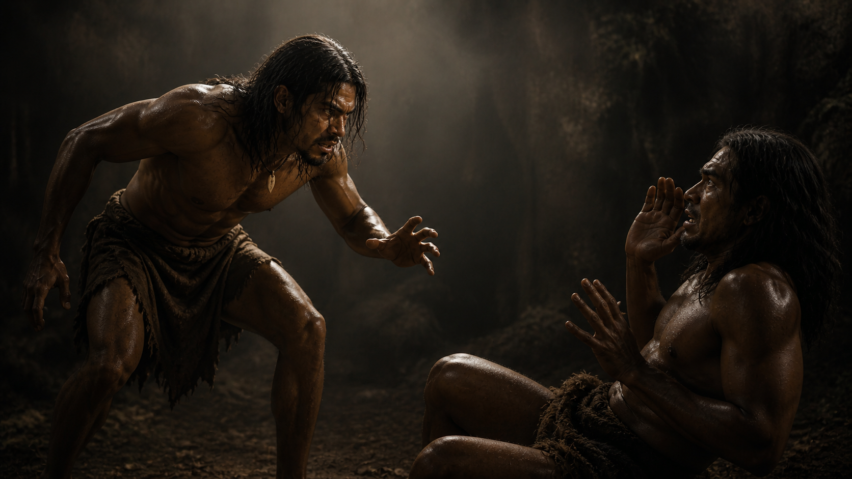 Dramatic depiction of Caliban’s conflict with Miranda in The Tempest