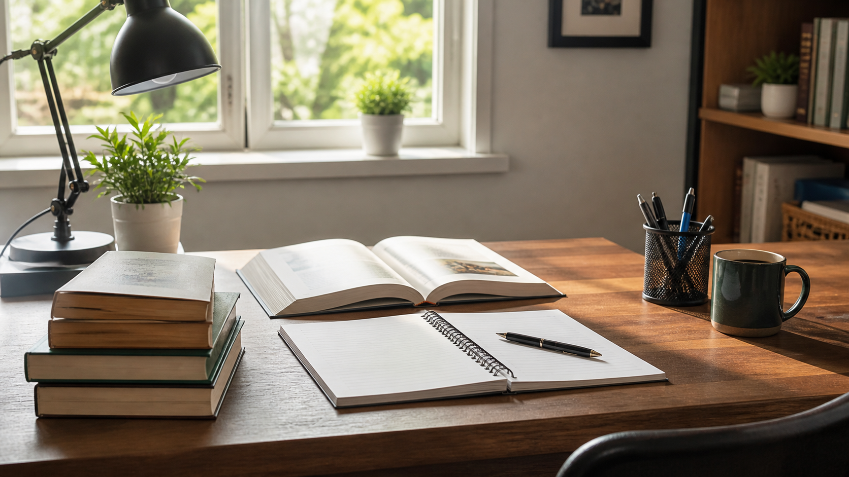 A clean 16:9 study scene with neatly arranged books, notebook, pen, and soft natural light coming through a window, calm and focused atmosphere, realistic style, high detail, no text