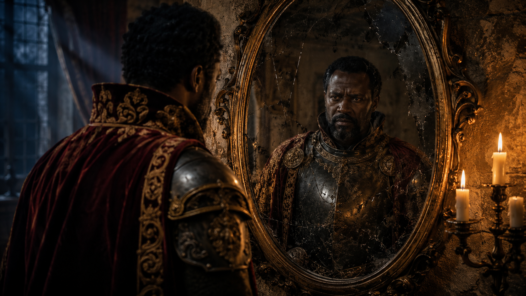 Cinematic portrait of Othello, the Moor of Venice, showing his inner conflict.