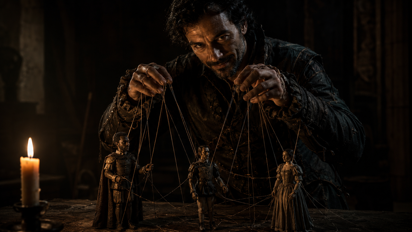 Chiaroscuro photograph of Iago, the master manipulator, holding marionette strings.