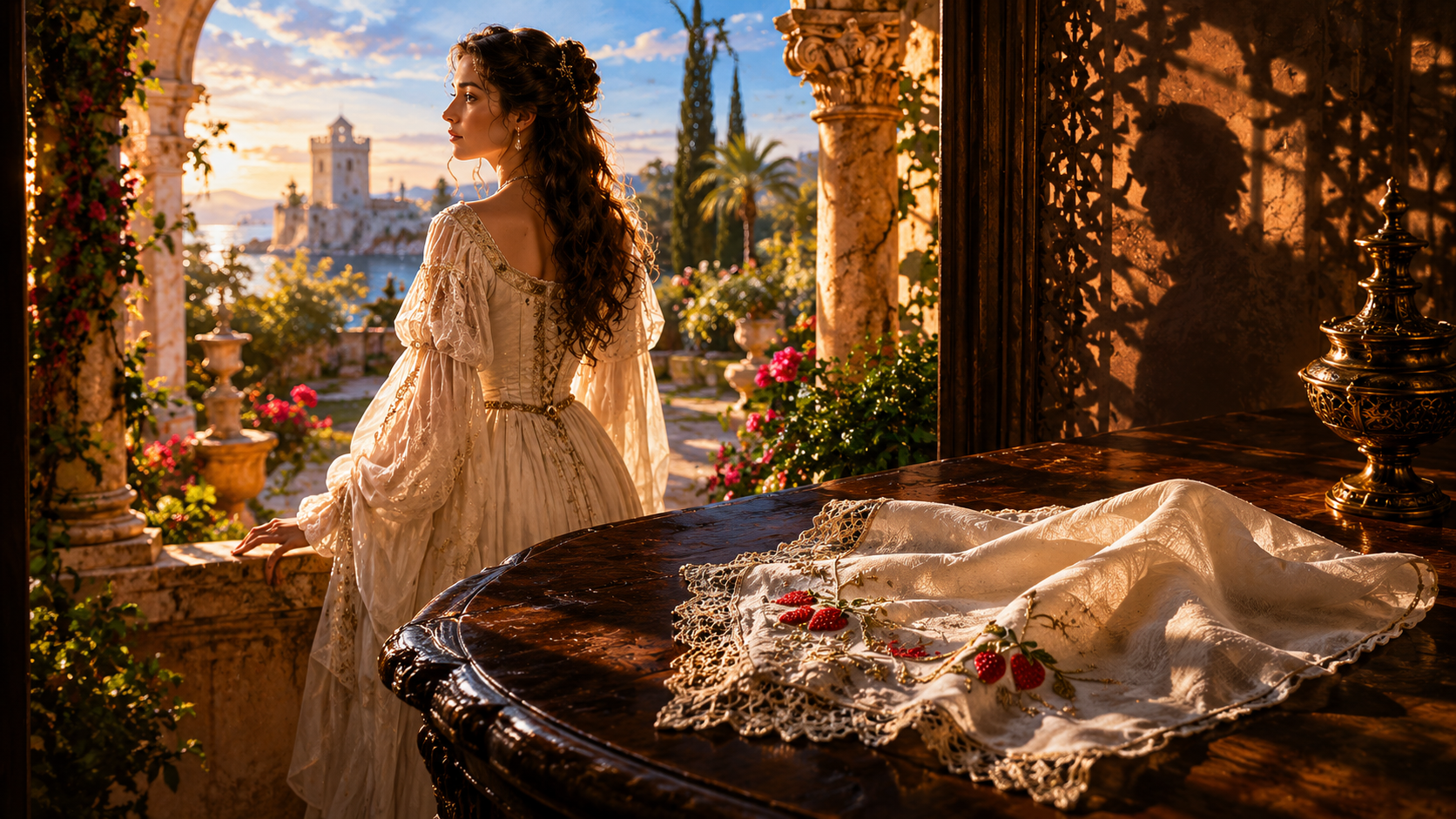 A photo of Desdemona in Cyprus with the embroidered handkerchief, symbolizing her innocence.