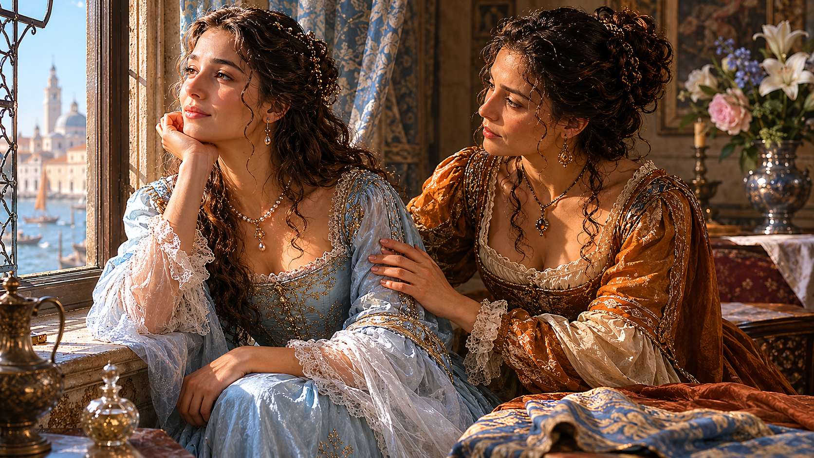 Photo of Desdemona and Emilia, contrasting their idealistic and pragmatic views on marriage.