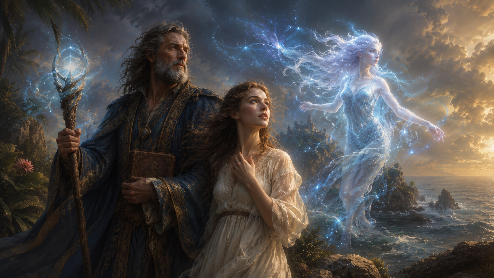 The Tempest main characters - Prospero, Miranda and Ariel