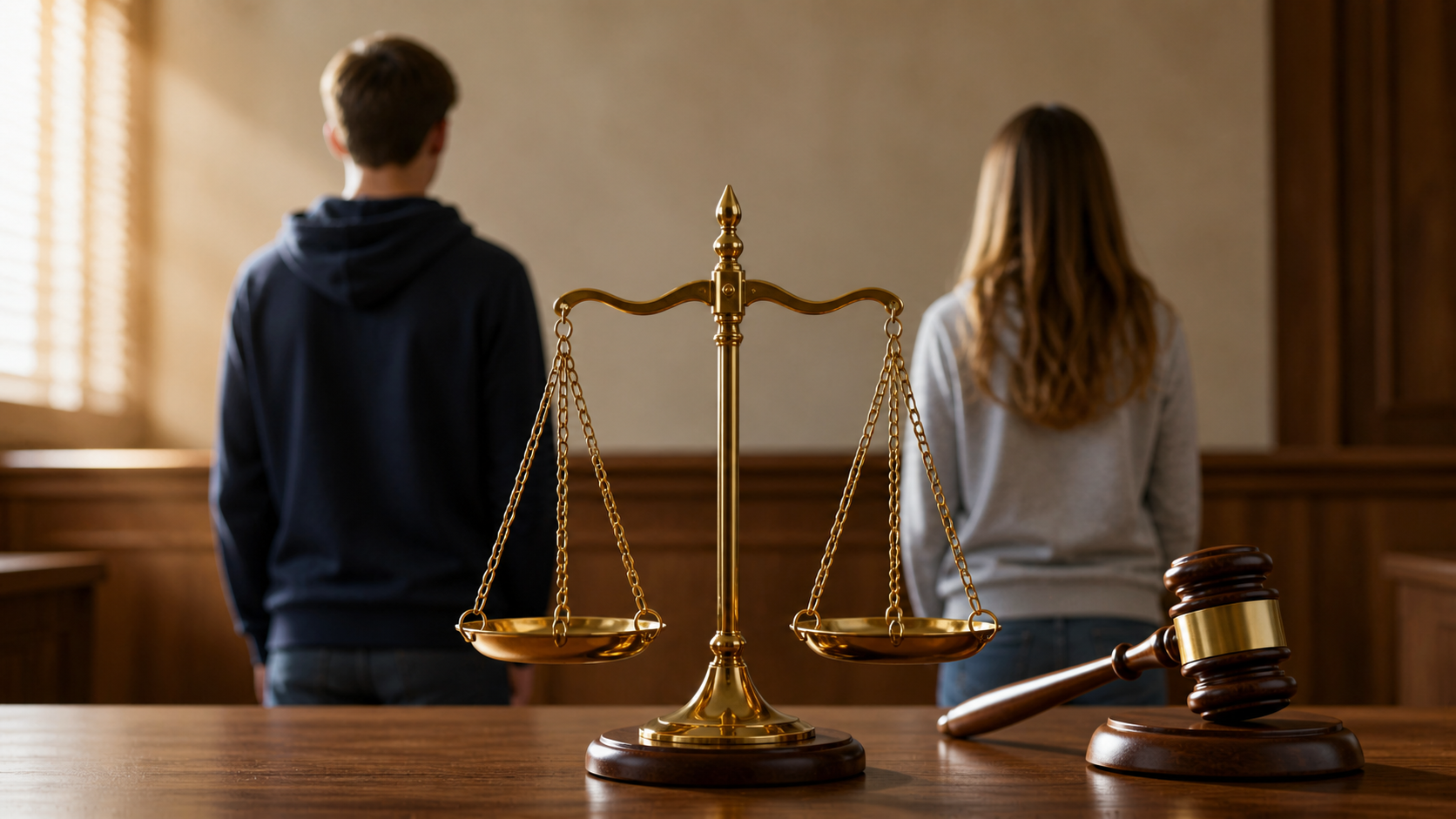 Romeo and Juliet law concept with scales of justice and teenage couple representing legal protection