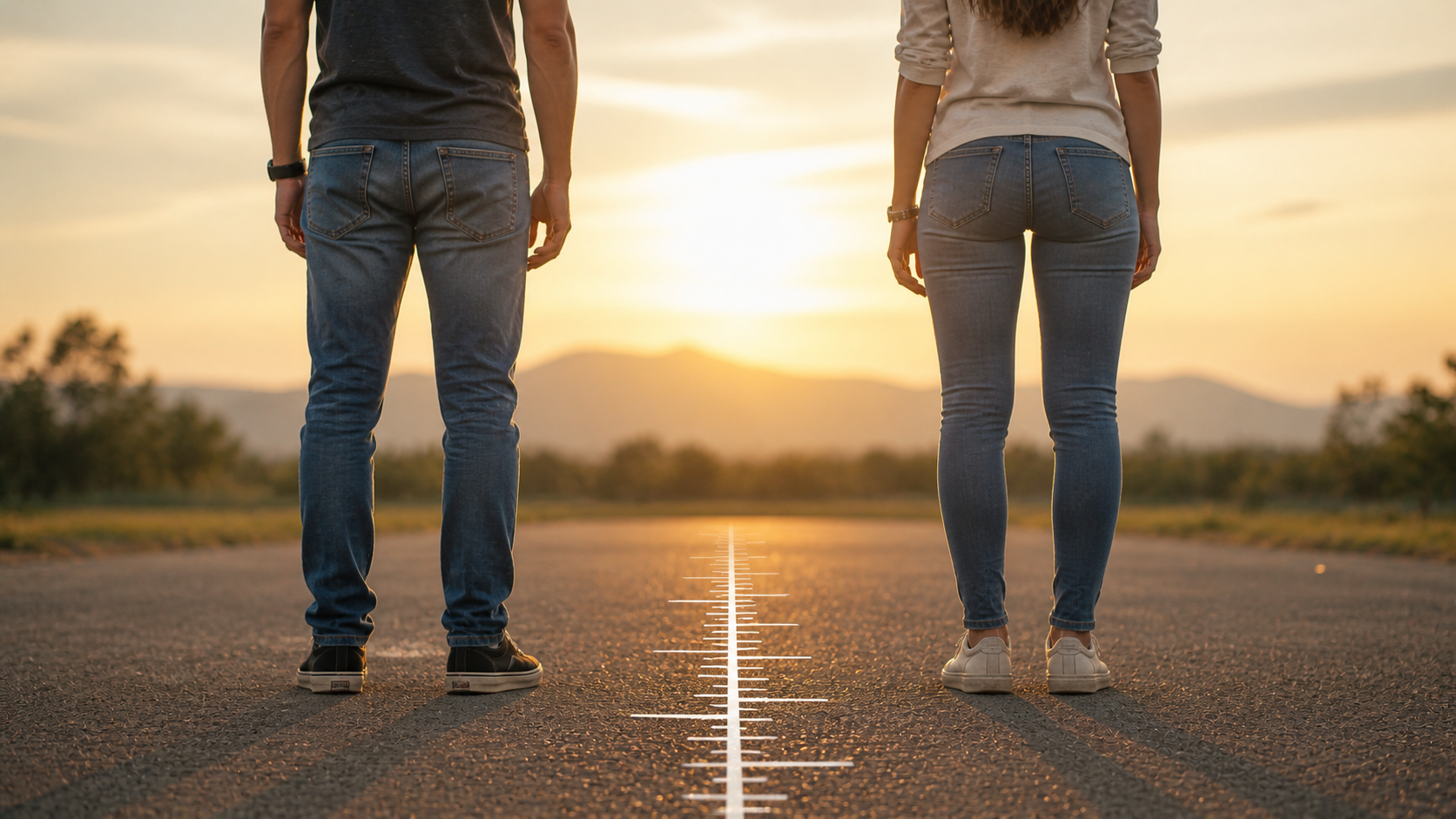 Age gap concept showing two people with measured distance symbolizing legal relationship limits
