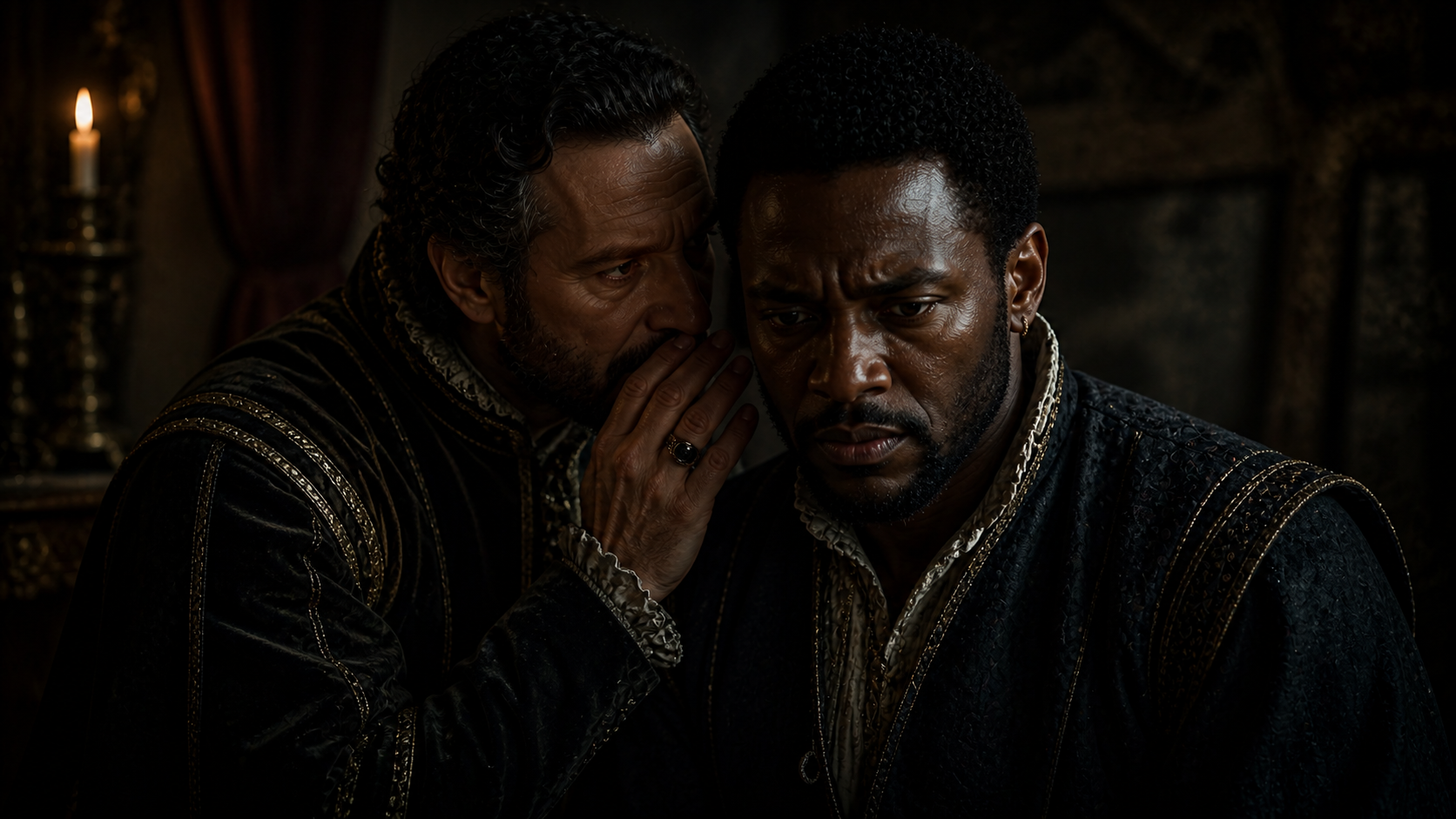 Iago manipulating Othello with jealousy in a dark dramatic scene