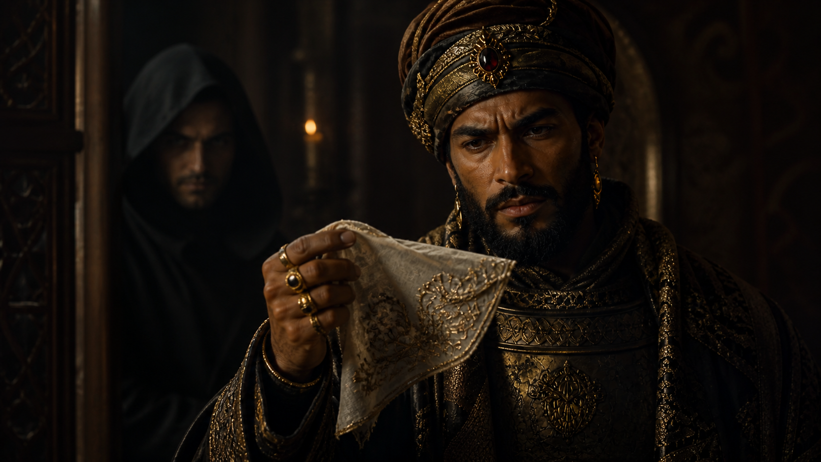 Othello holding handkerchief symbol of jealousy and manipulation