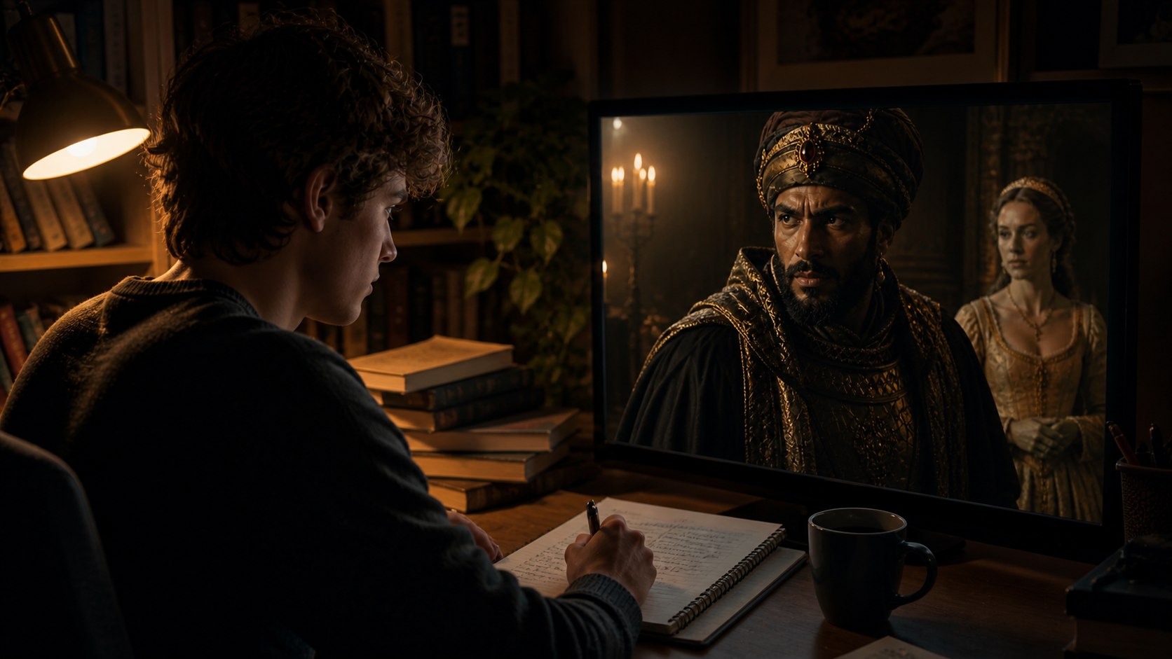 Student studying Othello 1965 film for academic understanding