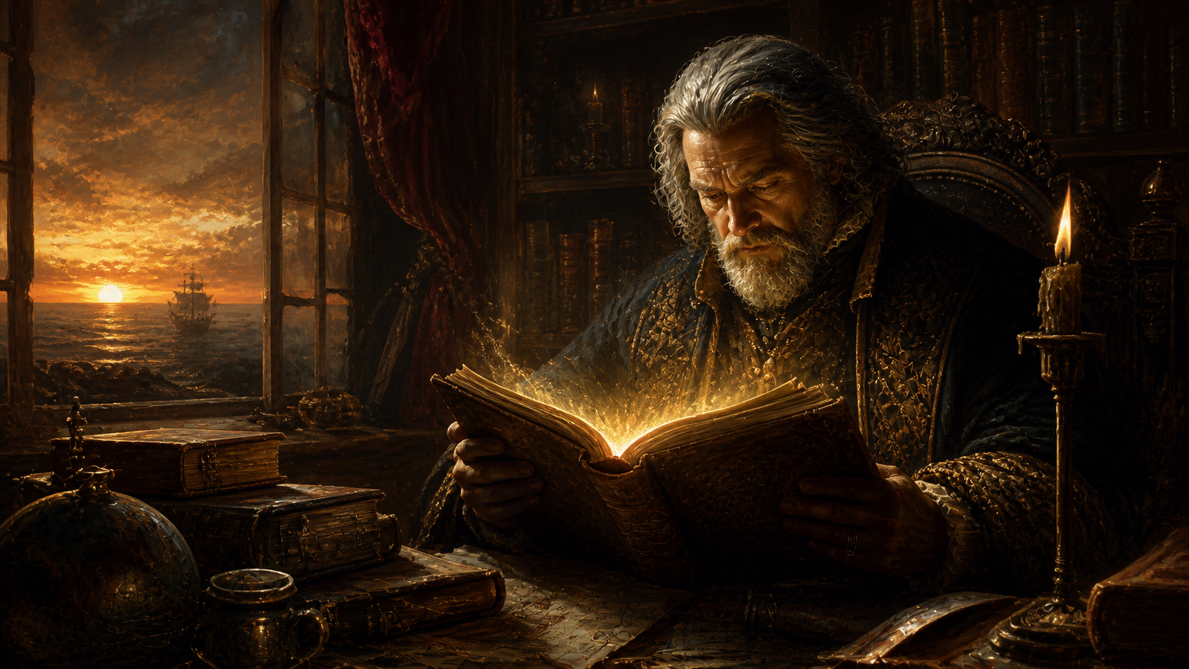 Prospero absorbed in his magical books in the Milan library before his betrayal and exile.
