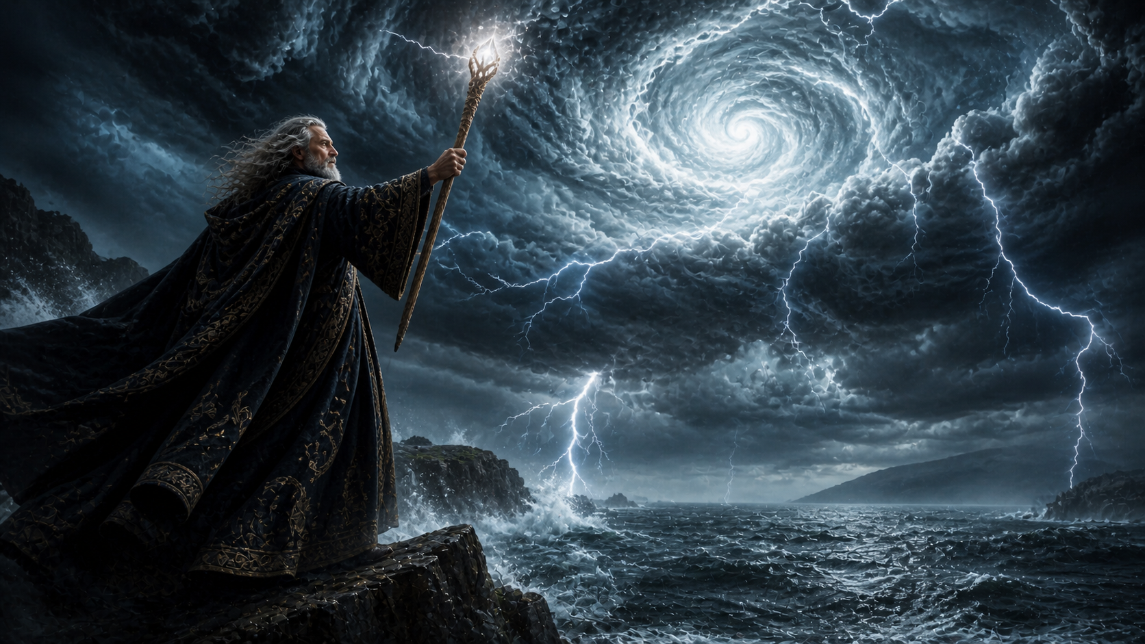 Prospero wearing his magical mantle and using his staff to conjure the tempest.