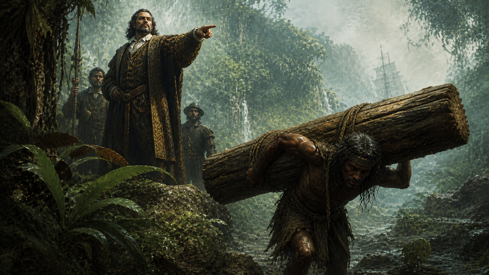 The colonial dynamic between Prospero commanding and the subjugated Caliban carrying wood.