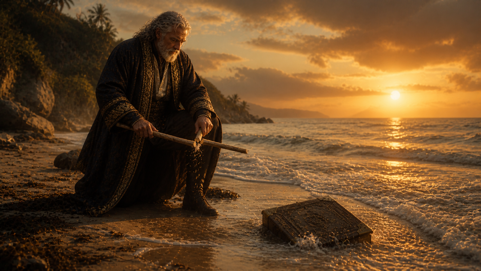 Prospero drowning his book and breaking his staff as a symbol of William Shakespeare retiring.
