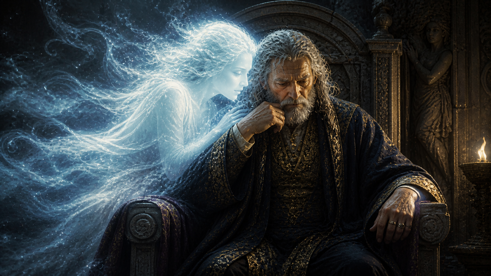 The ethereal spirit Ariel whispering to Prospero and inspiring him to choose forgiveness over revenge.