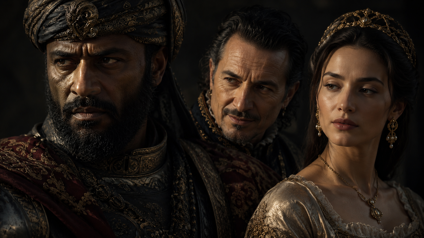 Othello characters group scene showing tension between Othello, Iago, and Desdemona