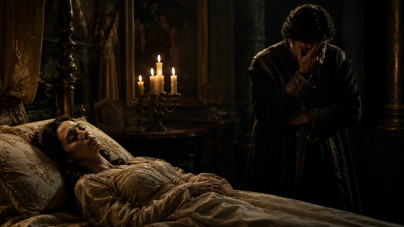 Tragic climax scene inspired by Othello story with dramatic lighting and emotion