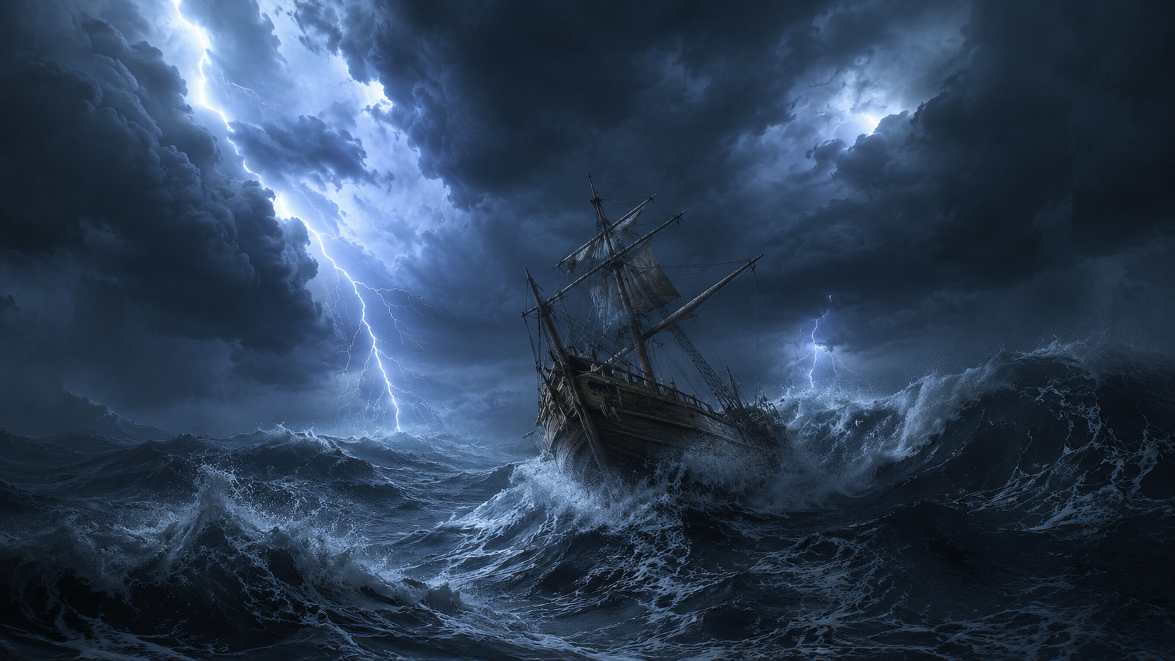 Stormy sea with a ship representing the meaning of master the tempest is raging