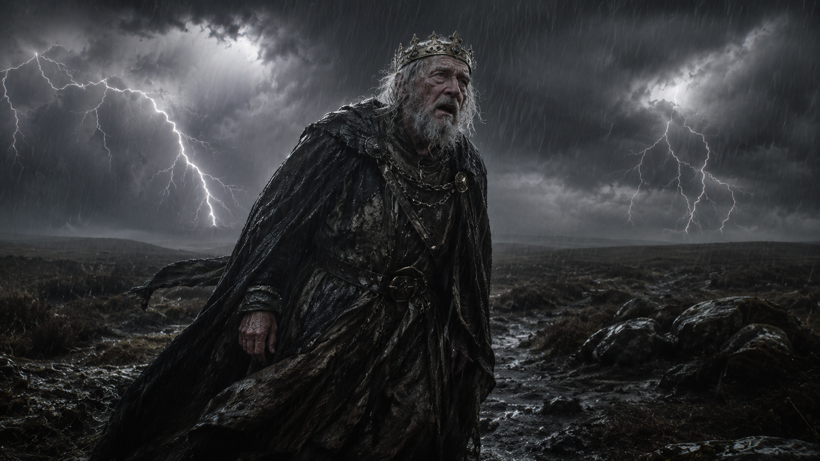 King Lear standing in a storm symbolizing madness and emotional collapse