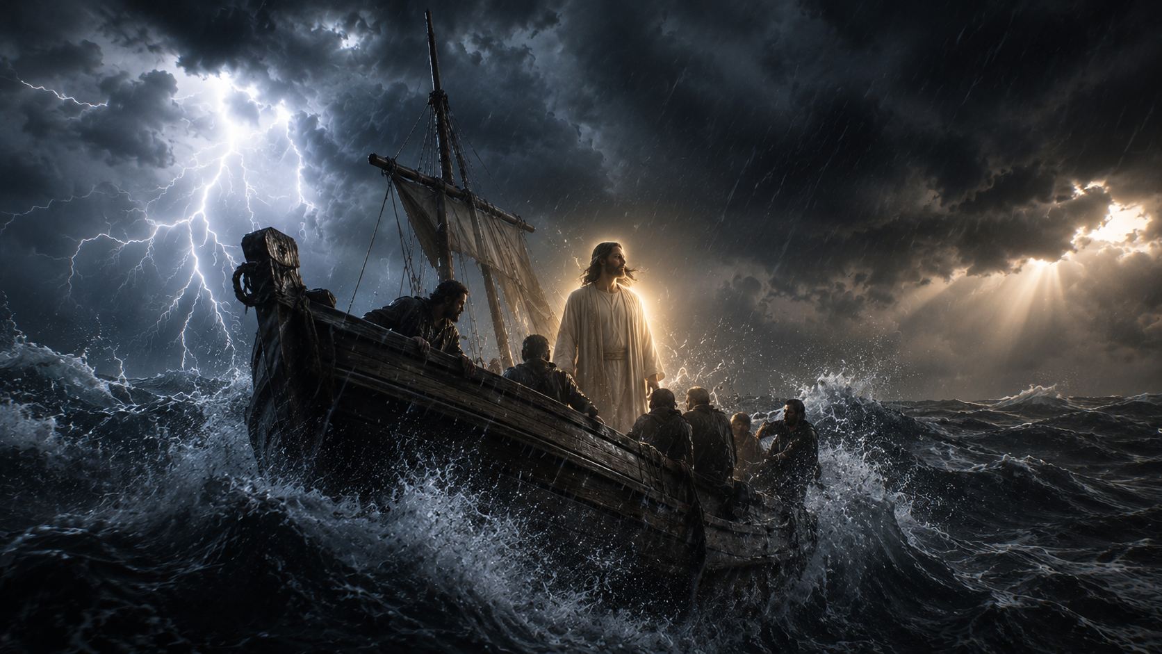 Biblical storm scene representing faith during chaos and fear