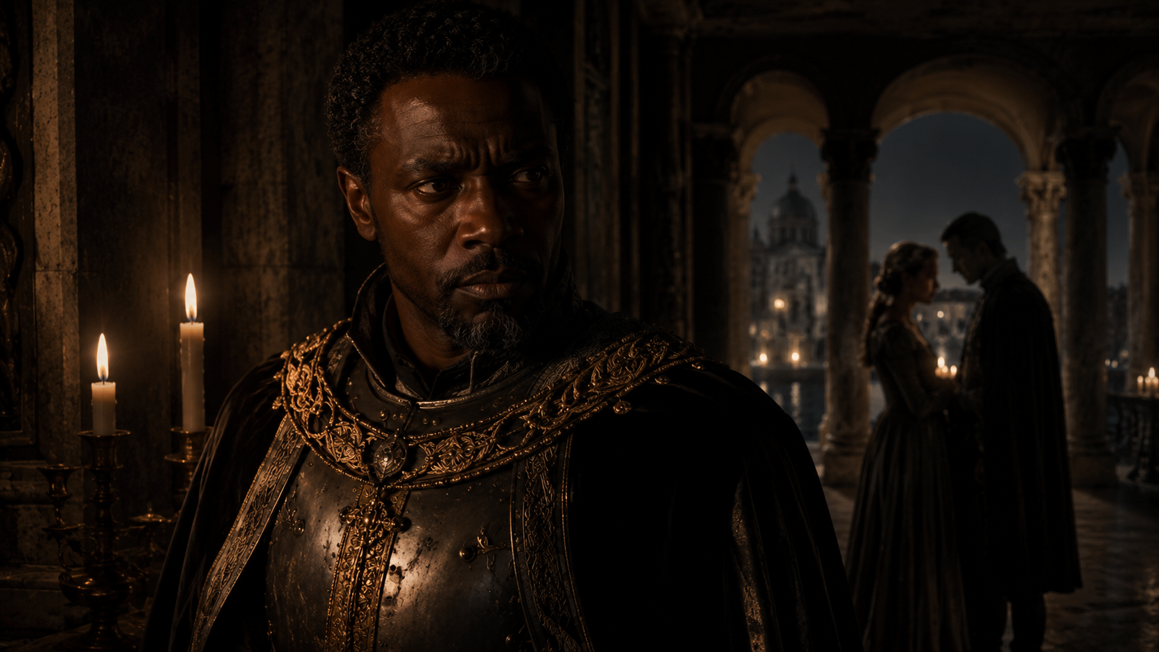 Cinematic portrayal of Othello in a Venetian palace inspired by Shakespeare’s tragedy