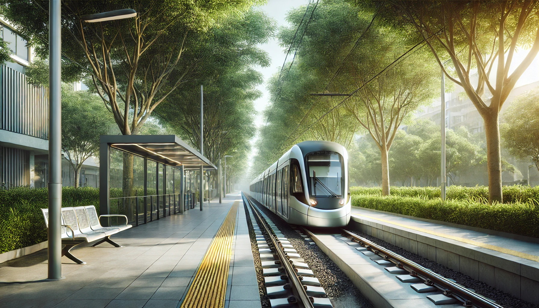 modern transit station near urban park with tram arriving and greenery