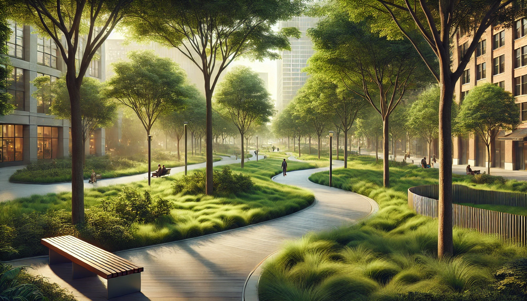 peaceful city park with trees benches and walking paths in natural sunlight