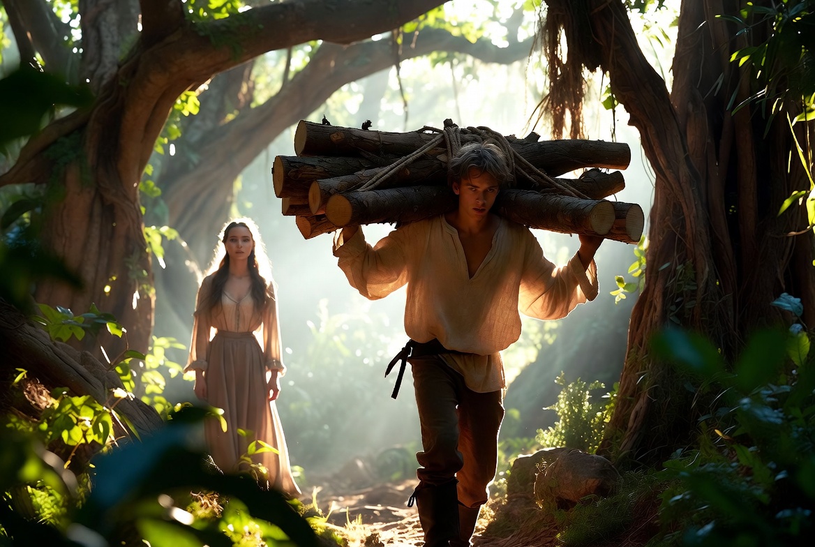 Ferdinand proving his love by carrying logs for Miranda in The Tempest