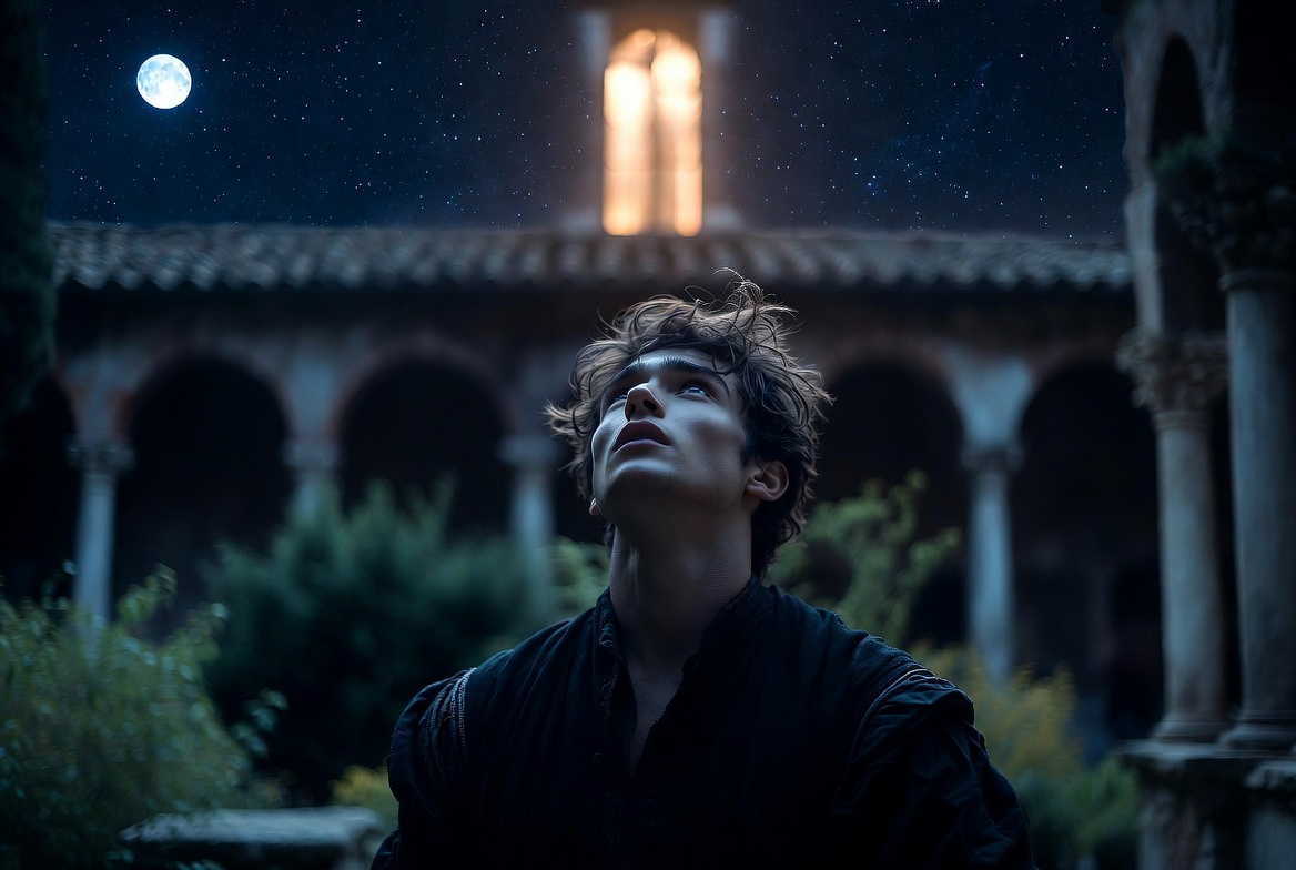 Romeo delivering his famous soliloquy beneath Juliet’s window balcony scene