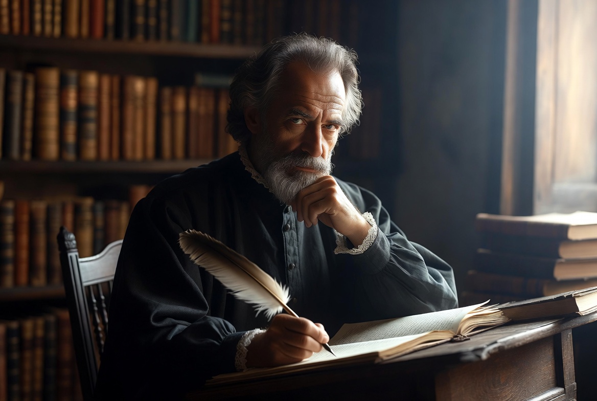 William Shakespeare writing in his study - literary style and technique