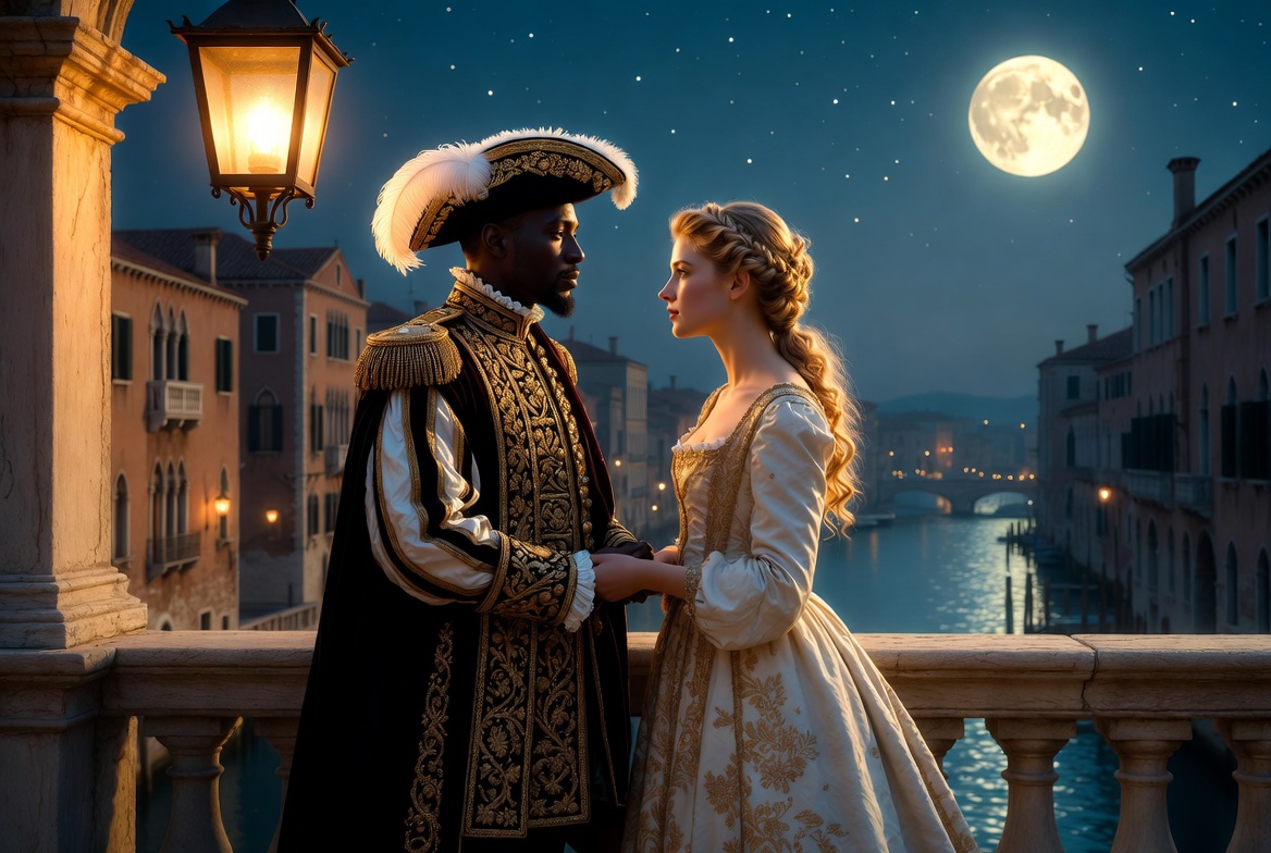 Othello and Desdemona in loving harmony under clear Venetian skies in Act 1