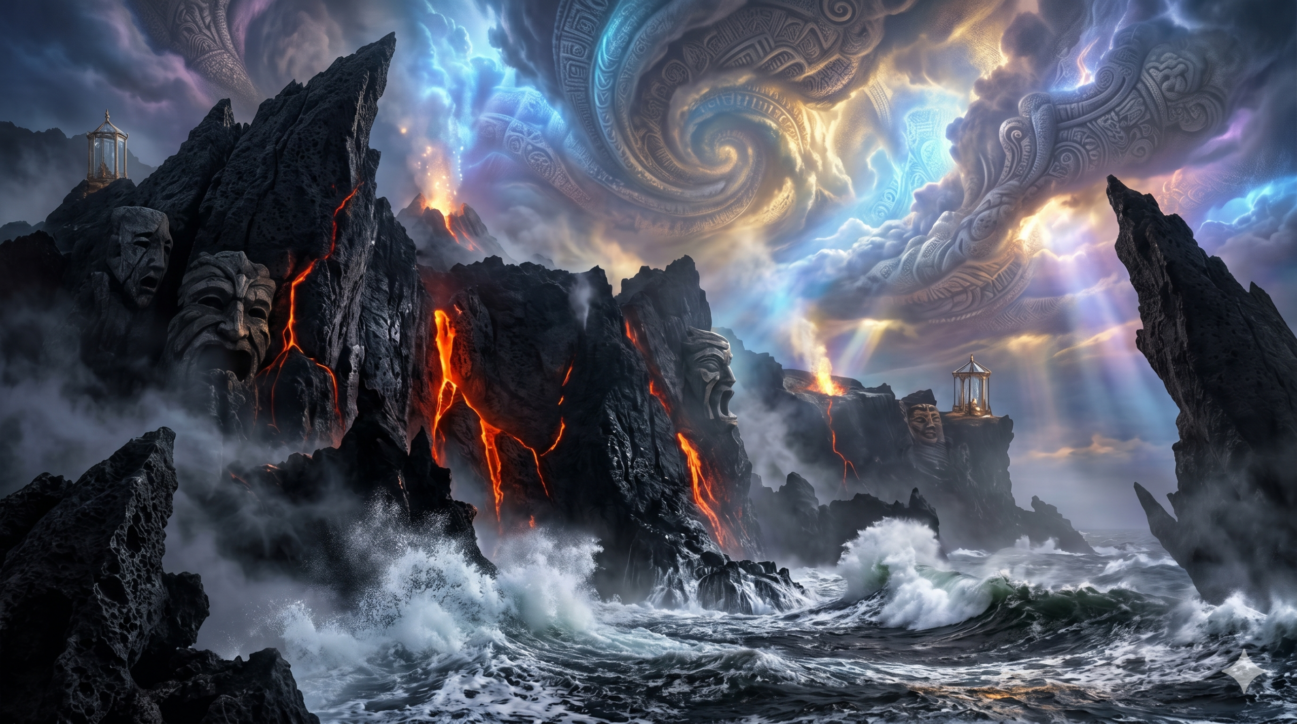 Volcanic fantasy island inspired by Julie Taymor’s cinematic style in The Tempest