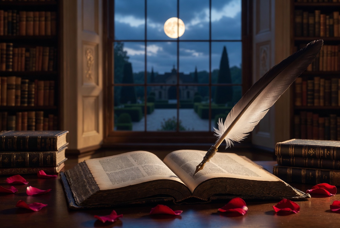 Shakespeare antique book with roses in a romantic library setting representing timeless love language