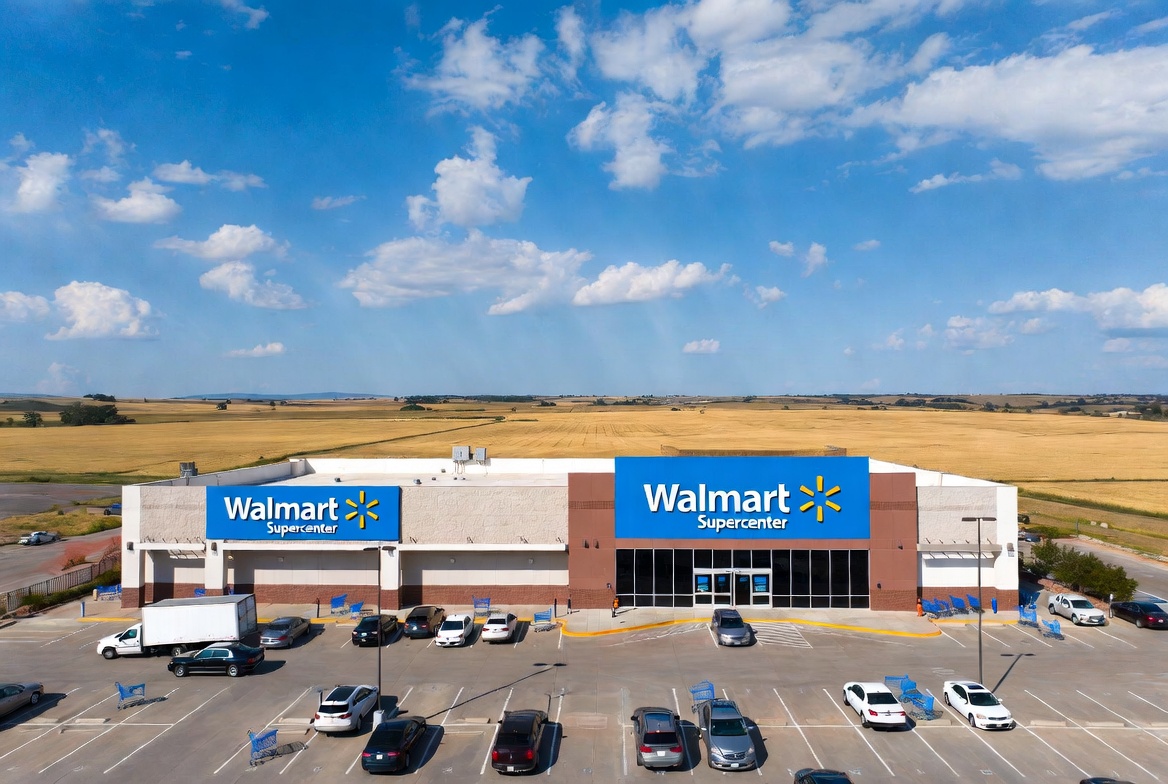Walmart Supercenter exterior in Othello Washington with surrounding farmland