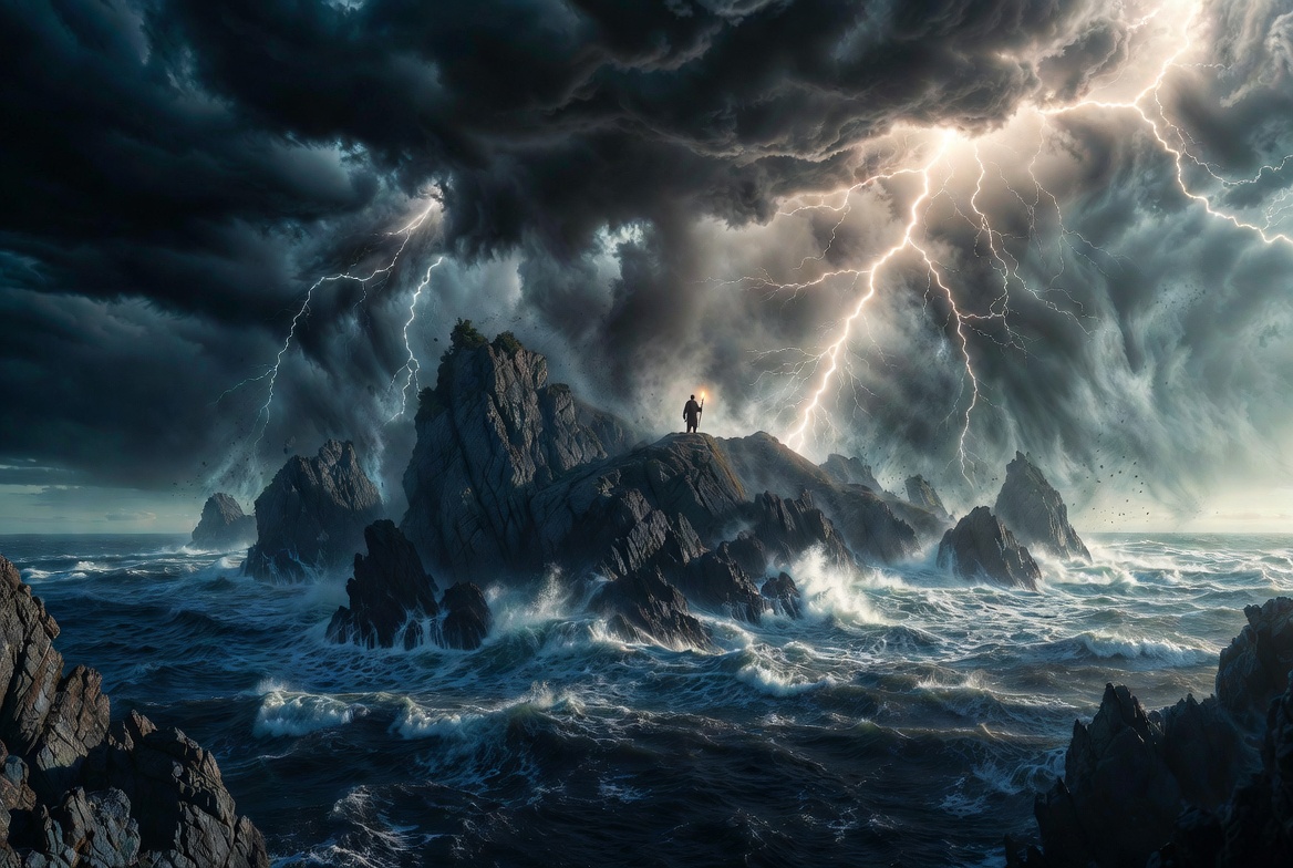 Stormy magical island inspired by The Tempest Shakespeare movie adaptation