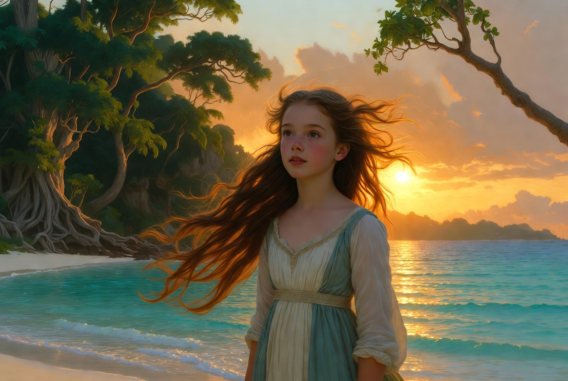 Miranda standing on the enchanted island in The Tempest, showing her innocence and wonder