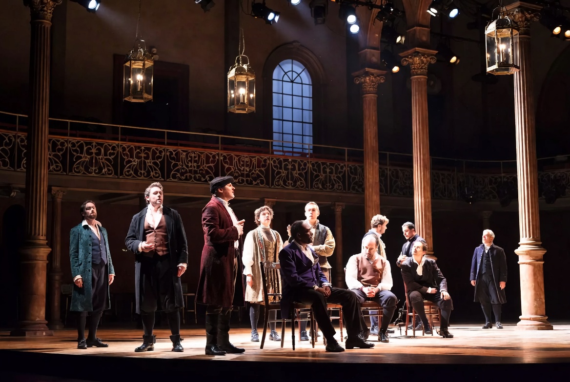 Shakespeare actors rehearsing dramatic performance for fantasy film adaptation