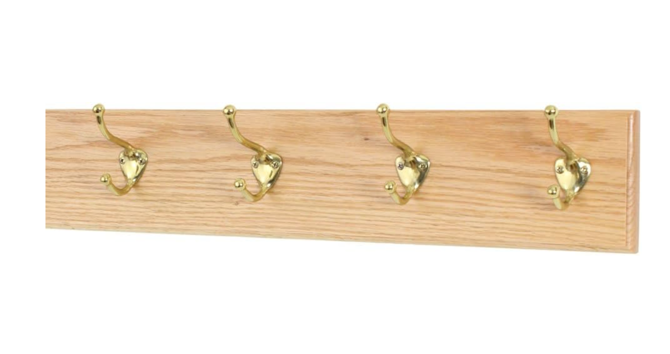 PegandRail Solid Oak Wall Mounted Coat Rack with Solid Brass Coat Hooks 4.5" Ultra Wide - Made in The USA (Natural, 4.5" 20" with 4 Hooks) 