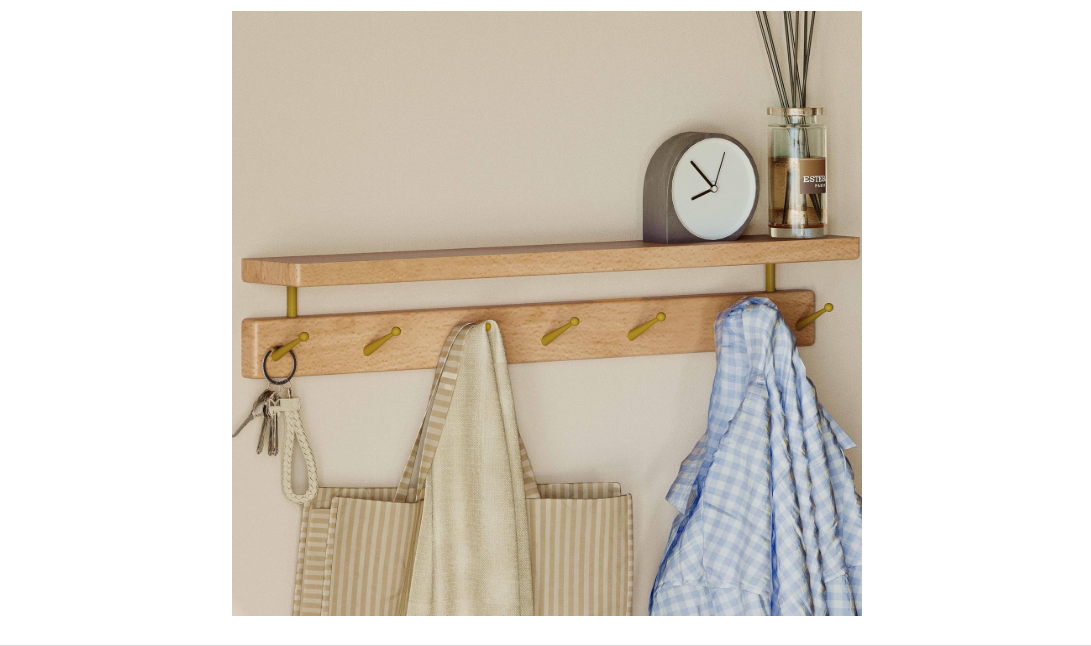 Wayshome Solid Wood Wall Hooks with Shelf, Coat Rack Wall Mount, Entryway Hanging Shelf with 7 Brass Hooks for Hats, Clothes, Towels, Bags, Beech Wood, Natural 