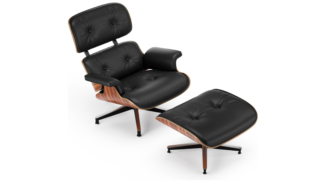 WOWT Top Black Grain Leather, Mid Century Chaise Lounge Chair and Ottoman, Modern Chair Classic Design, Palisander Wood, Heavy Duty Base Support for Living... 