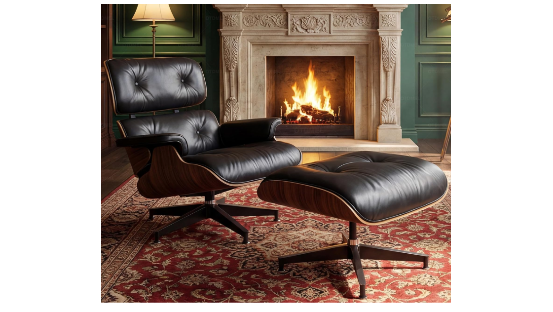 OTDMEL Luxury Top Black Grain Leather Mid Century Chaise Lounge Chair with Ottoman, Premium Handcrafted Walnut Wood, Ergonomic Modern Accent Chair for... 