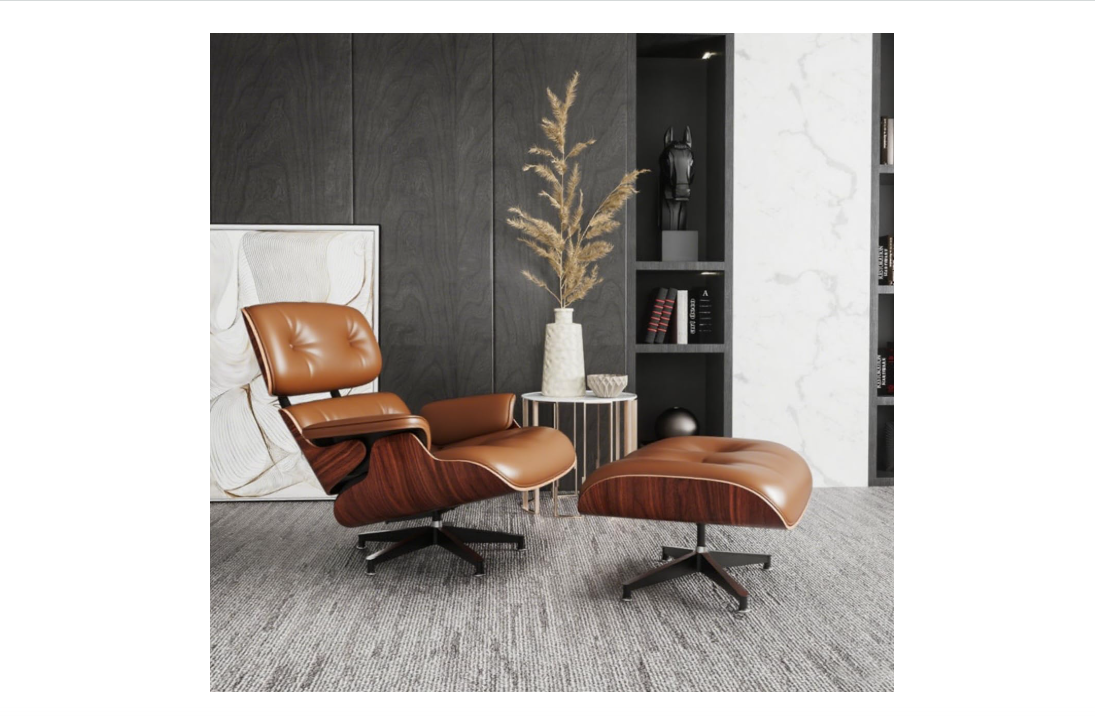 TigerParty Mid Century Chaise Lounge Chair with Ottoman, Top Black Grain Leather, Modern Office Chair Classic Design, Heavy Duty Base Support for Living... 