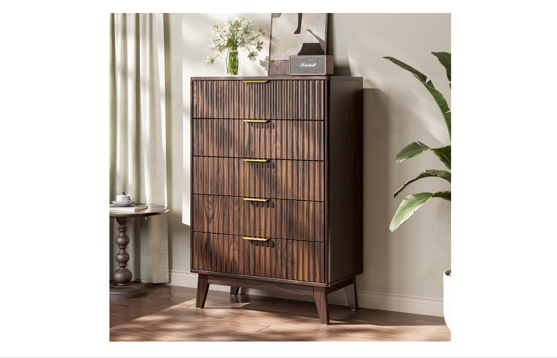 Butinsx Modern Fluted 5 Drawer Tall Dresser, 48" H, Walnut, Curved Profile Design, Mid Century Wood Chest of Drawers for Bedroom, Living Room, Hallway 