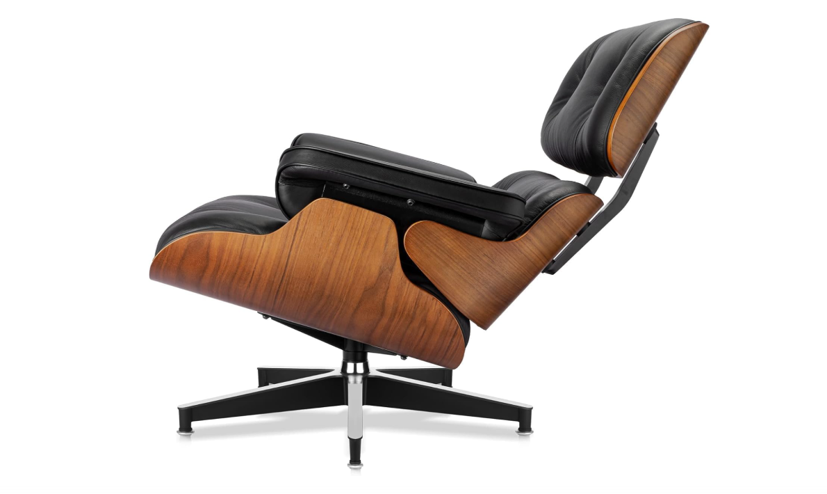 Top Black Grain Leather Mid Century Chaise Lounge Chair with Ottoman, Recliner Chaise Lounge, Modern Accent Chair for Living Room Office (Light Walnut) 